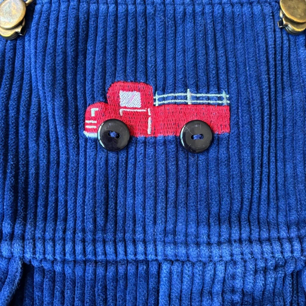 OshKosh Bgosh Navy Blue Corduroy Fire Truck Overalls Cow Embroidery Snap Inseam